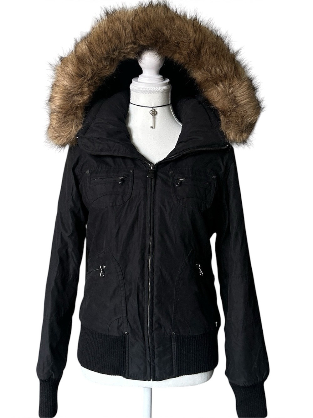 Y2K Coquette “TNA” Black St Moritz Faux Fur Trim Cargo Bomber Style Jacket
